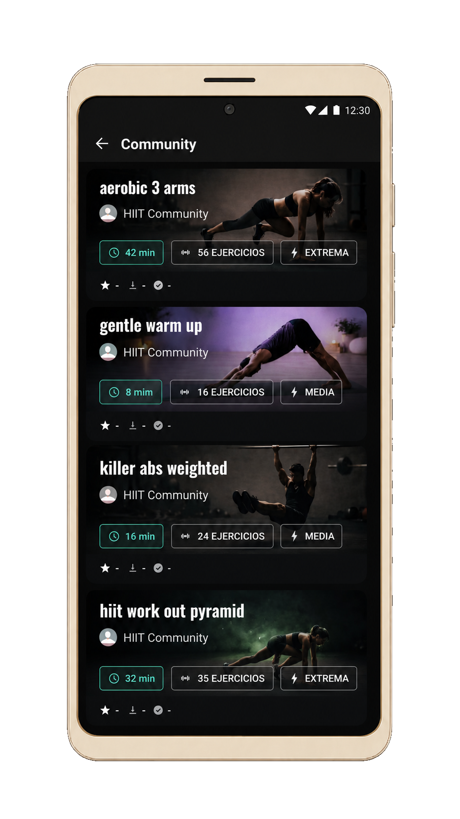 Promotional screenshot showing community workout browsing in HIIT Music